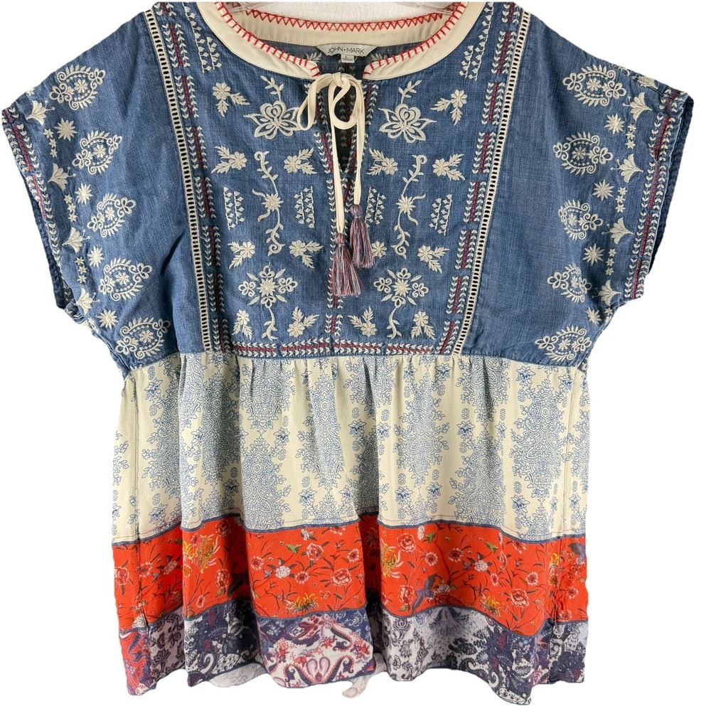John Mark Womens Boho Embroidered Tassel Peasant Top Patchwork Mixed Media Sz L